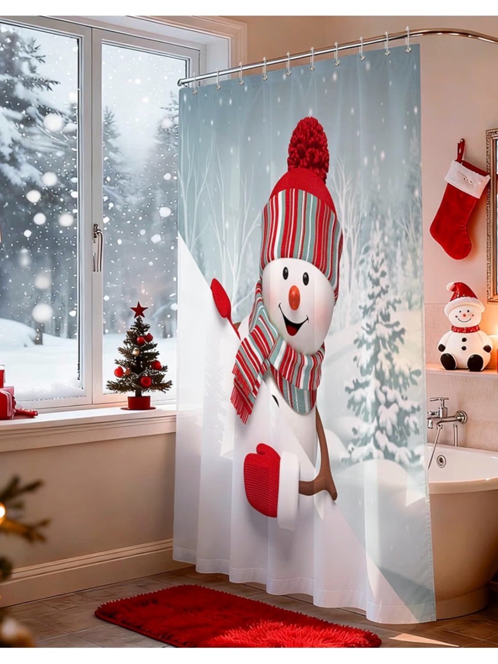 Festive Snowman Shower Curtain with Red Accents - Holiday Bathroom Decor